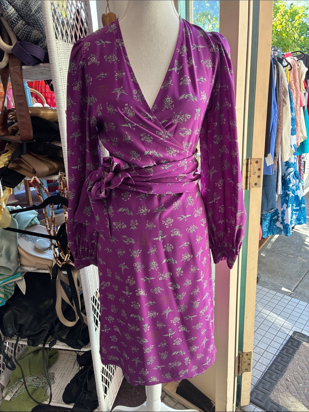 Momani Silk Purple Floral Wrap Dress with Long Sleeves Small